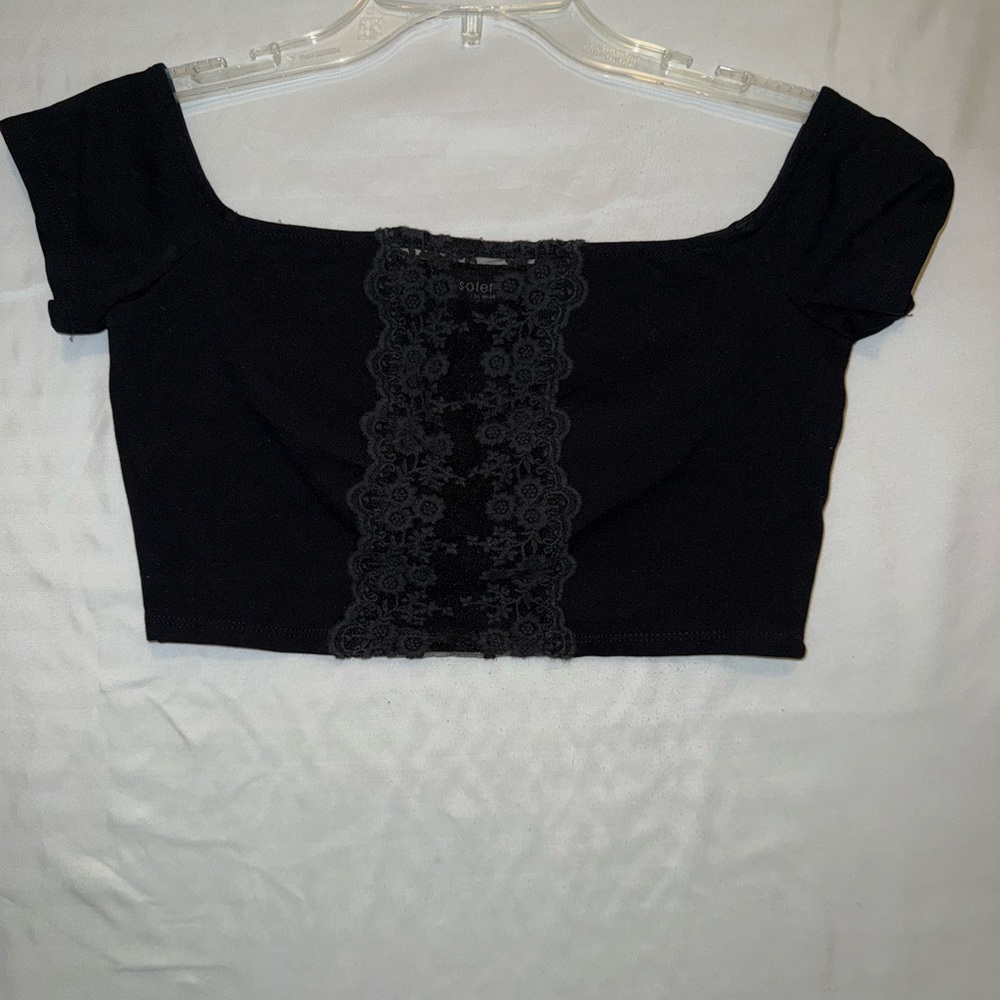Solemio Black Embellished Cap Sleeve Crop Top